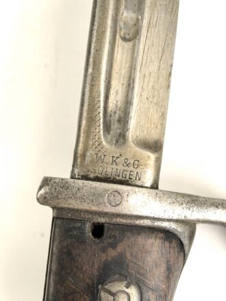 Kaiserreich und 1. Weltkrieg, Seitengewehr 98 lang mit preussischer Abnahme von 1902. Hersteller WKC, Nummerngleiches Kammerstück in gutem Zustand