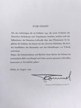"Balkenkreuz über Wüstensand - Farbbilderwerk des deutschen Afrikakorps, datiert 1943, 159 Seiten, unter DIN A4 mit Widmung, Buchrücken geklebt
