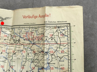 Luftwaffe, Luft-Navigationskarte in Merkatorprojektion, " Östliches Mittelmeer" 1940, gebraucht, Maße 125 cm x 104 cm
