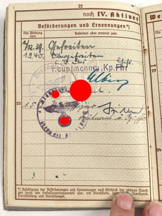 Wehrpaß Heer, eingestellt am 5. September 1938 bei 15.Komp. E. IR 110 Hanau.