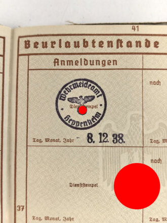 Wehrpaß Heer, eingestellt am 5. September 1938 bei 15.Komp. E. IR 110 Hanau.