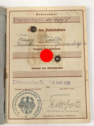 Wehrpaß Heer, eingestellt am 5. September 1938 bei 15.Komp. E. IR 110 Hanau.