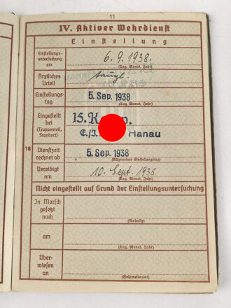 Wehrpaß Heer, eingestellt am 5. September 1938 bei 15.Komp. E. IR 110 Hanau.