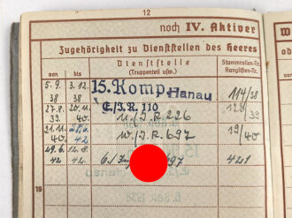Wehrpaß Heer, eingestellt am 5. September 1938 bei 15.Komp. E. IR 110 Hanau.
