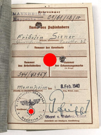 Wehrpaß Heer, Musterung am 8.Feb 1940, kein aktiver Wehrdienst