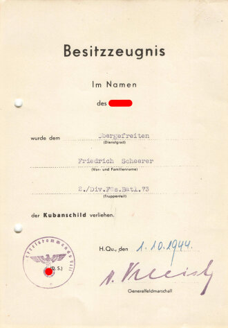 Besitzzeugnis zum Kubanschild für einen Gefreiten im...