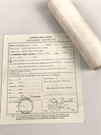 Canadian Womens Army Corps, Discarge Certificate dated...