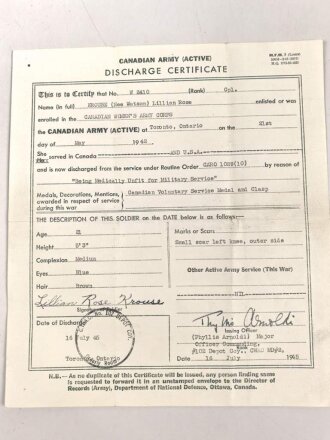Canadian Womens Army Corps, Discarge Certificate dated...