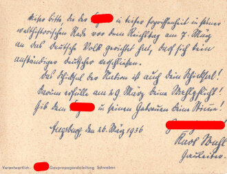 NSDAP Gaupropagandaleitung Schwaben, Eigenhändige Unterschrift des Gauleiters von Augsburg vom 26.März 1936, auf Karte