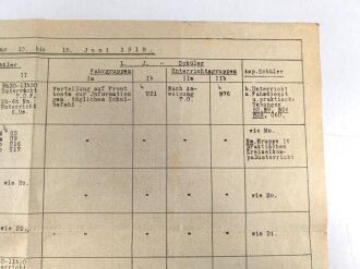 U-Boot Ausbildungs Wochenplan für 10. bis 15. Juni 1918, DIN A3, mehrfach gefaltet