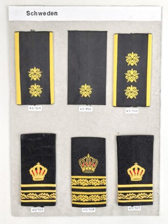 Schweden, Sammlung Rangabzeichen, auf Karton aufgeklebt