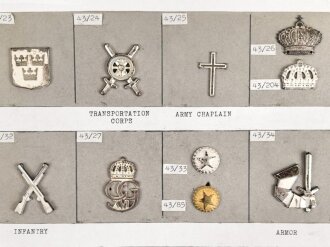 Schweden, Sammlung Regimentsabzeichen, auf Karton befestigt