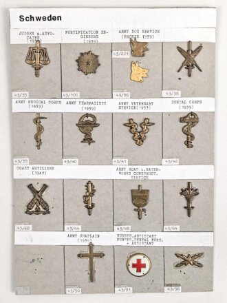 Schweden, Sammlung Regimentsabzeichen, auf Karton befestigt