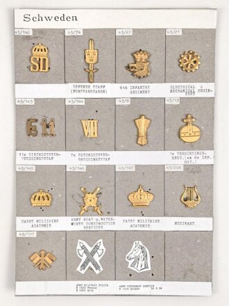 Schweden, Sammlung Regimentsabzeichen, auf Karton befestigt