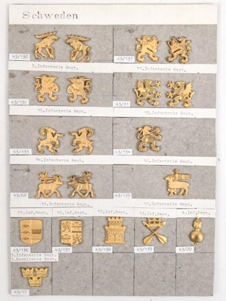 Schweden, Sammlung Regimentsabzeichen, auf Karton geklebt