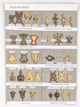 Schweden, Sammlung Regimentsabzeichen, auf Karton geklebt