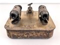 Vorheizer, Anwärmer für Motoren der Wehrmacht. Seltene Ausführung vermutlich für Panzerfahrzeuge, Originallack, ungereinigt und vollständig leer