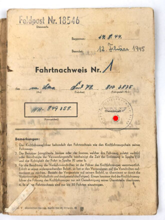 Fahrtnachweise vom 28.8.44 bis 7. Mai 1945 für einen...