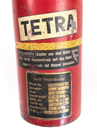 " TETRA" Feuerlöscher für Fahrzeuge der Wehrmacht. Letzte Prüfung am 10.4.1940. Originallack, ungereinigt, vollständig leer. KEIN VERSAND NACH ÜBERSEE