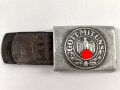 Koppelschloss für Mannschaften des Heeres. Aluminium, Hersteller H.A., an Lederzunge von H. Arld Nürnberg 1937