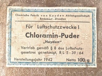 Pack Chloranim Puder für Luftschutzzwecke datiert 1942. Ungeöffnet NUR FÜR DEKOZWECKE