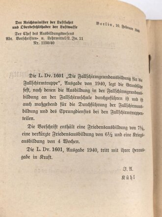 L.Dv. 1601 "Die Fallschirmgrundausbildung für die Fallschirmtruppe" datiert 1940, 31 Seiten