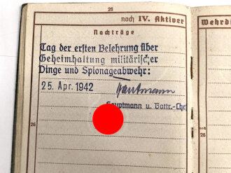 Wehrpaß Heer, eingestellt am 17.4.42 bei Artillerie Ersatz Abteilung Toul