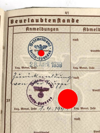 Wehrpaß, ausgestellt 28.4.1939