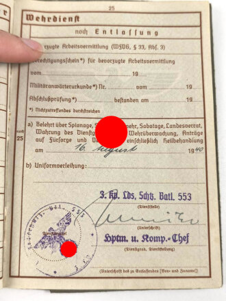 Wehrpaß, ausgestellt 8.5.1940