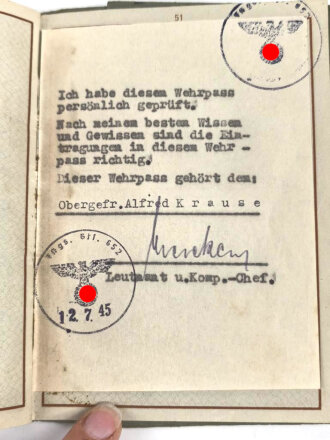 Wehrpaß, ausgestellt 8.5.1940