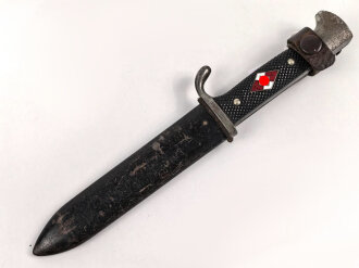 Fahrtenmesser für Angehörige der Hitlerjugend. Hersteller Ernst Pack & Söhne Solingen 1937.Devise deutlich, Griffraute wackelt leicht wie es sein soll. Ungereinigtes Stück in gutem Gesamtzustand