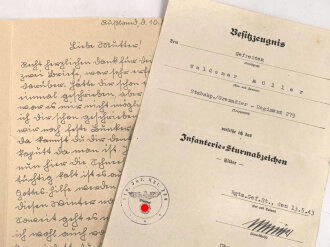 Besitzzeugnis zum Infanteriesturmabzeichen Silber,...