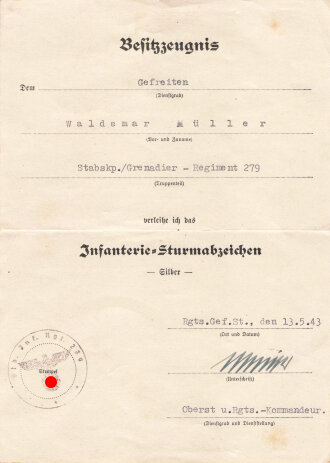 Besitzzeugnis zum Infanteriesturmabzeichen Silber,...