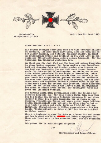 Anschreiben bezüglich Heldentod eines Angehörigen Infanterie-Regiment 279