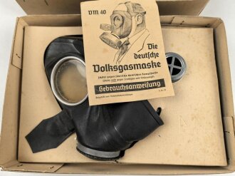Luftschutz, Volksgasmaske 40 in der originalen Umverpackung, mit Gebrauchsanweisung