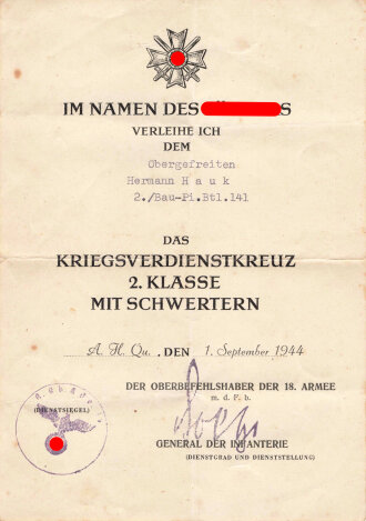 Bau Pionier Bataillon 141, Verleihungsurkunden eines Angehörigen zur "Medaille Winterschlacht im Osten" und " Kriegsverdienstkreuz 2. Klasse mit Schwertern"