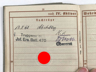 Wehrpaß Heer, eingestellt 22. Mai 1942 bei  Infanterie Ersatz. Btl. 470