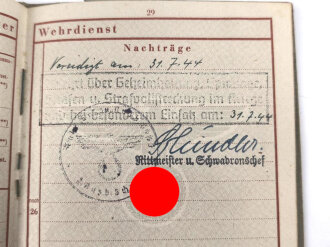 Wehrpaß Heer, eingestellt am 27.7.44 bei Stamm Schwadron Fahr Ers. und Ausb. Abteilung 3, Kreis Meserits