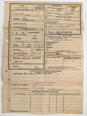 Wehrpaß Heer, eingestellt am 27.7.44 bei Stamm Schwadron Fahr Ers. und Ausb. Abteilung 3, Kreis Meserits