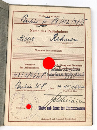 Wehrpaß Heer, eingestellt am 27.7.44 bei Stamm Schwadron Fahr Ers. und Ausb. Abteilung 3, Kreis Meserits