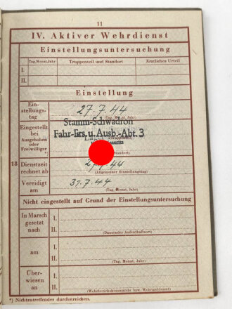 Wehrpaß Heer, eingestellt am 27.7.44 bei Stamm Schwadron Fahr Ers. und Ausb. Abteilung 3, Kreis Meserits