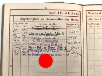 Wehrpaß Heer, eingestellt am 27.7.44 bei Stamm Schwadron Fahr Ers. und Ausb. Abteilung 3, Kreis Meserits