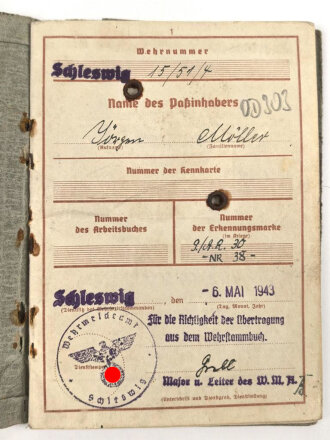 Wehrpaß Heer, Zweitschrift, eingestellt am 4. November 1937 bei Artillerie Regiment 30