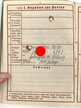 Wehrpaß Heer, Zweitschrift, eingestellt am 4. November 1937 bei Artillerie Regiment 30