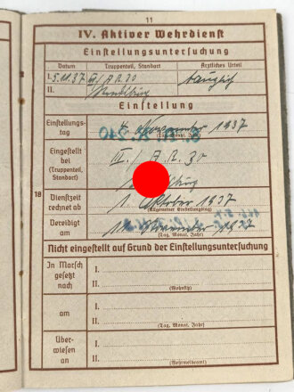 Wehrpaß Heer, Zweitschrift, eingestellt am 4. November 1937 bei Artillerie Regiment 30