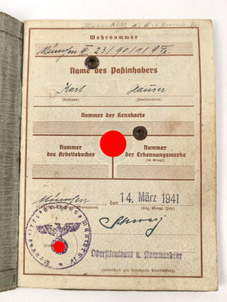 Wehrpaß Heer, eingestellt am 2.9.41 bei Infanterie Ersatz. Batl. 61 München.