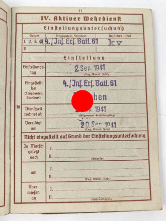 Wehrpaß Heer, eingestellt am 2.9.41 bei Infanterie Ersatz. Batl. 61 München.