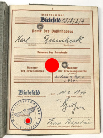 Wehrpaß Heer, eingestellt am 3.5.40 bei Schützen Ersatz Btl. 4 Iserlohn.