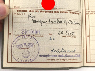 Wehrpaß Heer, eingestellt am 3.5.40 bei Schützen Ersatz Btl. 4 Iserlohn.