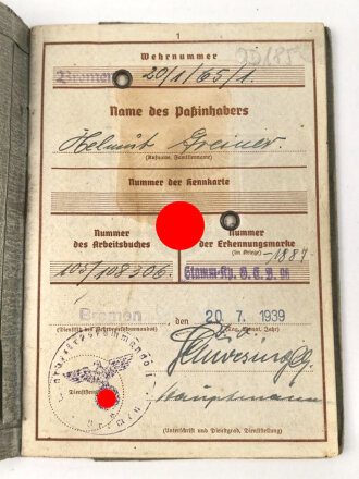 Wehrpaß Heer, eingestellt am 1.4.43 bei Grenadier Ersatz Btl 96